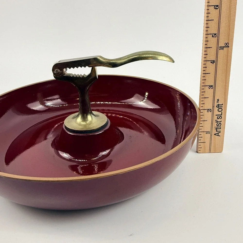 Vintage Japanese Lacquer Nut Bowl with Brass Nutcracker Burgundy Made in Japan